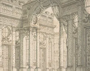 Bibiena Prints: Design of a Perspective for a Stage Set with Courtyard and Triumphal Arch. ca. 1675-1743