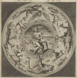 Collaert Prints: Design for a Plate with Arion Riding a Dolphin in a Medallion Bordered by Sea Monsters