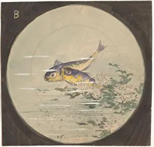 Water Lily Prints: Design for a plate with two blue and yellow fish and waterlilies