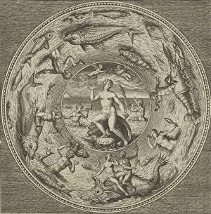 Design for a Plate with Galatea on a Shell Flanked by Trumpeters in a Medallion Border