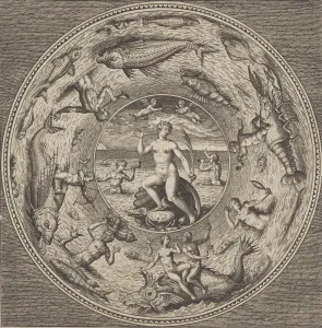 Galatea Prints: Design for a Plate with Galatea on a Shell Flanked by Trumpeters in a Medallion Border