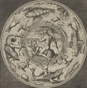 Collaert Prints: Design for a Plate with Neptune in a Shell Drawn by Horses in a Medallion Bordered by