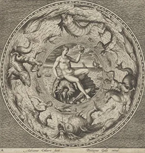 Collaert Prints: Design for a Plate with Thetis on a Shell in a Medallion Bordered by Sea Monsters, c1600
