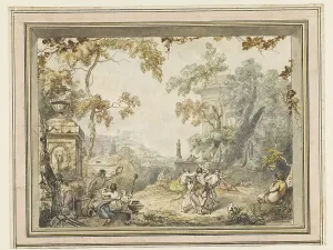 Arcadian Prints: Design for a room painting: idyllic-arcadian landscape with classic buildings