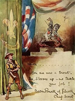 Patriotic Collection: Design for Scouts Enrolment Card, (1944). Creator: Robert Baden-Powell