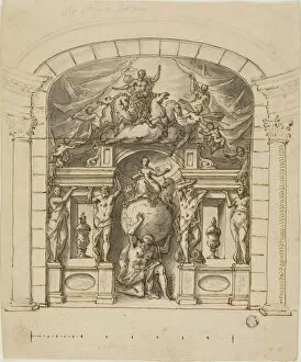 Brown Ink Collection: Design for Stage Scenery (Hampton Court) with Mythological Figures, 1695 / 1734