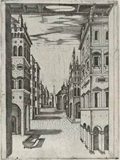 Design for a Stage Set Depicting a Perspectival View of an Ideal Renaissance City, ... ca. 1550-60. Creator: Anon