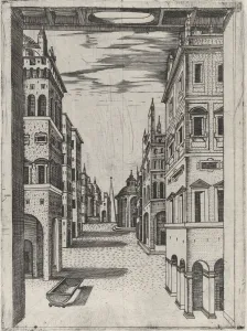 Design for a Stage Set Depicting a Perspectival View of an Ideal Renaissance City... ca. 1550-60. Creator: Anon