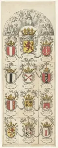 Pieter Jansz Prints: Design for stained glass window 9 donated by the cities of Holland