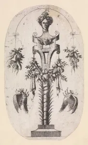 Design for a Term with the Head of Woman, Strapwork and Trophies, 1535-55 Design for a Term with the Head of Woman, Strapwork and Trophies, 1535-55