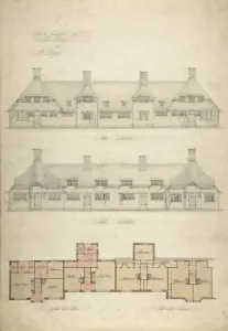Charles Edward Prints: Design for Thatched Cottages for Mrs. Kingsley, 1910. Creator: Charles Edward Mallows
