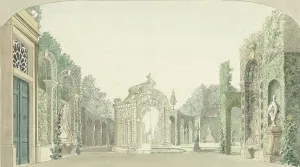 Trellis Prints: Design for a theater decor with a garden, c.1727-c.1780. Creator: Pieter Barbiers