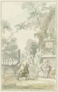 Arcadian Prints: Design for a theatre piece: Dorinda gives Silvio his dog back