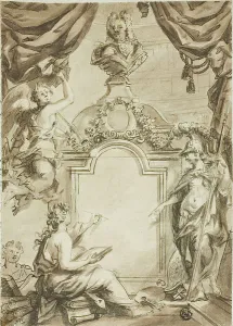 Lairesse Gerard De Prints: Design for Title page: Clio Taking Dictation from Minerva