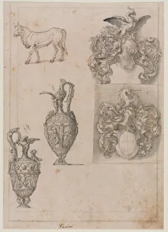 Luzio Romano Prints: Design for Two Vases, Two Coats of Arms, and a Bull (recto) Several Line Borders (verso)
