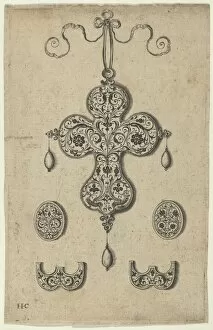 Design for the Verso of a Cross-Shaped Pendant Above a Pair of Oval Ornaments and A... before 1573