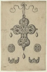 Oval Shaped Gallery: Design for the Verso of a Cross-Shaped Pendant Above a Pair of Oval Ornaments and A... before 1573