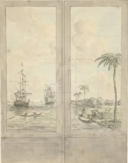 Wall Decoration Prints: Design for two wallpapers: river with ships in the colonies