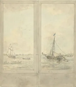 Jurriaan Andriessen Prints: Design for two wallpapers: river with ships in the Netherlands