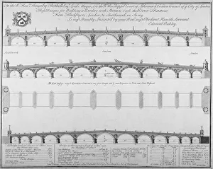 Three designs by Edward Oakley for Blackfriars Bridge, 1756. Artist: Benjamin Cole