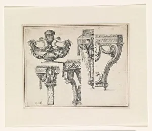 Two designs for tables, stands, a vase and a bowl on a stand, c.1765-c.1780. Creator: Jean Charles Delafosse
