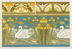 Waterlily Gallery: Designs for wallpaper border with Stag Beetles and Mushrooms, pub. 1897. Creator