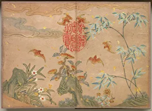 Desk Album: Flower and Bird Paintings (Bats, rocks, flowers oval calligraphy), 18th Century