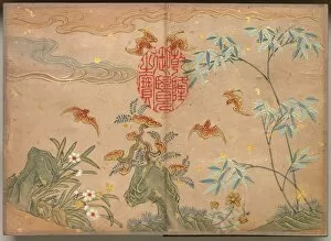 Zhang Ruoai Chinese Gallery: Desk Album: Flower and Bird Paintings (Bats, rocks, flowers oval calligraphy), 18th Century