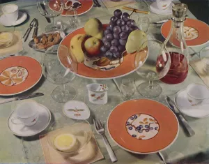 Coffee Cup Prints: Dessert - In this table arrangement the fruit service is Royal Copenhagen faience, 1939
