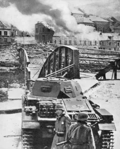 Debris Prints: Destruction of bridge over River Meuse by Belgians to stop German advance