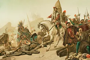 Destruction of the fleet - burning of their ships, Aztec Empire, 1890. Creator: Juan Alaminos