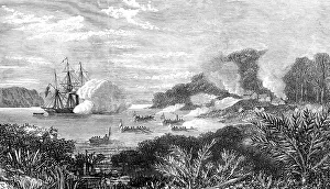 Rowing Boats Prints: Destruction of a pirates stronghold at Sulu by H.M.S. Nassau, 1872. Creator: Unknown