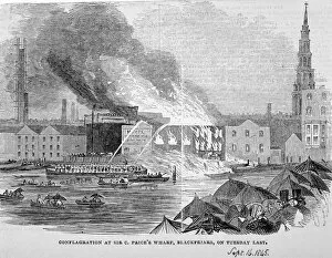Blackfryars Bridge Gallery: Destruction of Sir C Prices oil warehouse and wharf, William Street, Blackfriars, London, 1845