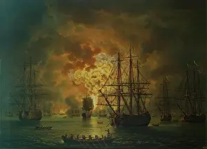 Rowing Boat Prints: Destruction of the Turkish Fleet in the Bay of Chesme, 1771. Creator: Jacob Philip Hackert