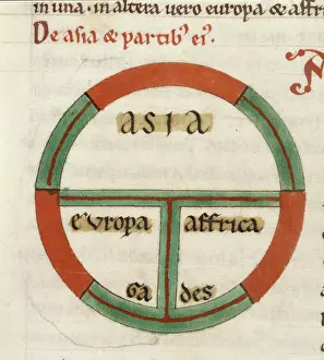 Mapmaking Prints: (Detail) Diagrammatic T-O map, early 13th century. Creator: Unknown