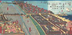 Utagawa Kenjiro Prints: Detailed Print of Yokohama Hon-cho and the Miyozaki Pleasure Quarter, 4th month. 1860