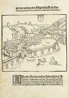 Lucerne Prints: Detailed view of Lucerne. From Kronika by Petermann Etterlin