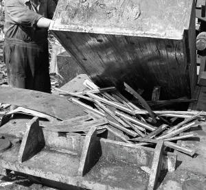 Scrap Metal Prints: Deutsch Paters box baler crushing scrap, Rotherham, South Yorkshire, 1963. Artist