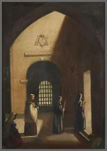Nuns Prints: Deux religieuses et un diacre marchant dans une église