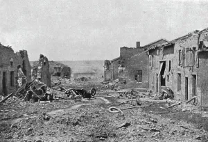 Conflict Prints: Devant Verdun; La rue principale de Fleury-devant-Douaumont: les deux camions don't