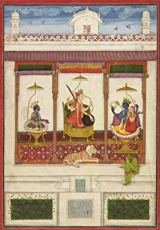 Devi with Krishna and Vishnu in a Palace, ca. 1645-1655. Creator: Unknown