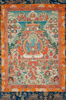 Complex Prints: Devotional hanging depicting Medicine Buddha (Bhai?ajyaguru) and Buddhist deities