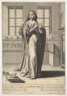 Gilles Prints: Dialectic: a young woman standing in a decorated interior and touching her right index