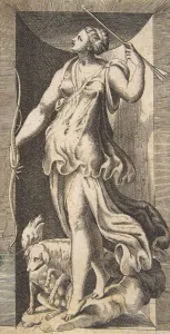 Diana Collection: Diana the huntress acompanied by her dogs standing in a niche, 16th century
