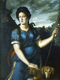Huntress Prints: Diana the Huntress with her Two Dogs, 16th century