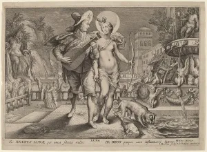 Serenade Prints: Diana as Luna Accompanying a Young Man Serenading, 1615. Creator: Jacob Matham