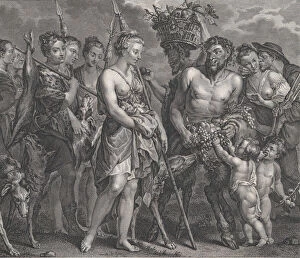 Bernard Gallery: Diana returning from the chase, accompanied by dogs and her nymphs at left, two satyrs