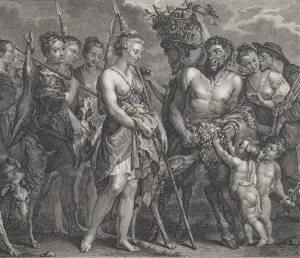 Hunt Prints: Diana returning from the chase, accompanied by dogs and her nymphs at left, two satyrs