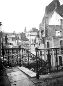 Atrocity Prints: Dinant et Louvain: Dinant; le vide derriere les facades branlantes, 1914. Creator: Unknown