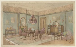 Dining Chair Prints: Dining room with cupboard with orange service, c.1925. Creator: Monogrammist HK